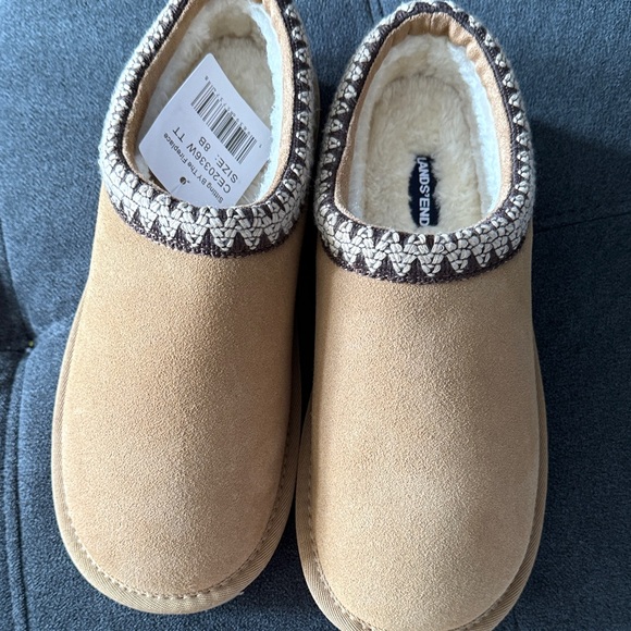 Lands' End Tan Suede Slippers with Patterned Trim - Picture 9 of 9
